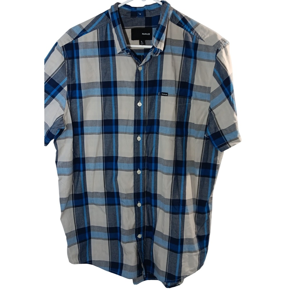 Hurley Plaid Button Up Shirt Mens Short Sleeve Blue Cotton Blend Casual